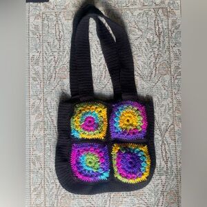 Black Crochet Tote Bag with Multicolor Granny Squares